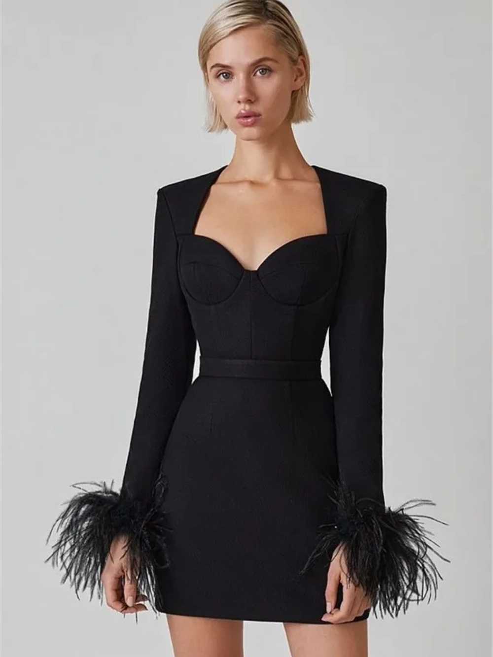 Black Feather-Cuff Long Sleeve Mini Dress